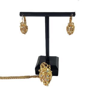 Faberge Egg Pendant Necklace Earrings Set Joan Rivers Jewelry Locket Rhinestone